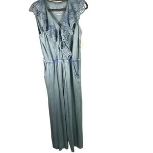 Soft Surroundings Petite Medium Blue Jumpsuit Crochet Detail Sleeveless‎ New